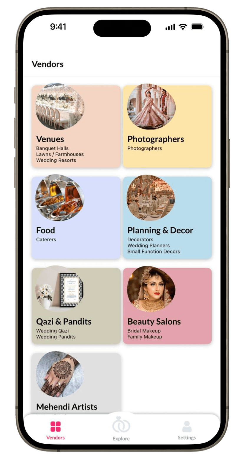 WedEasy app vendors screen